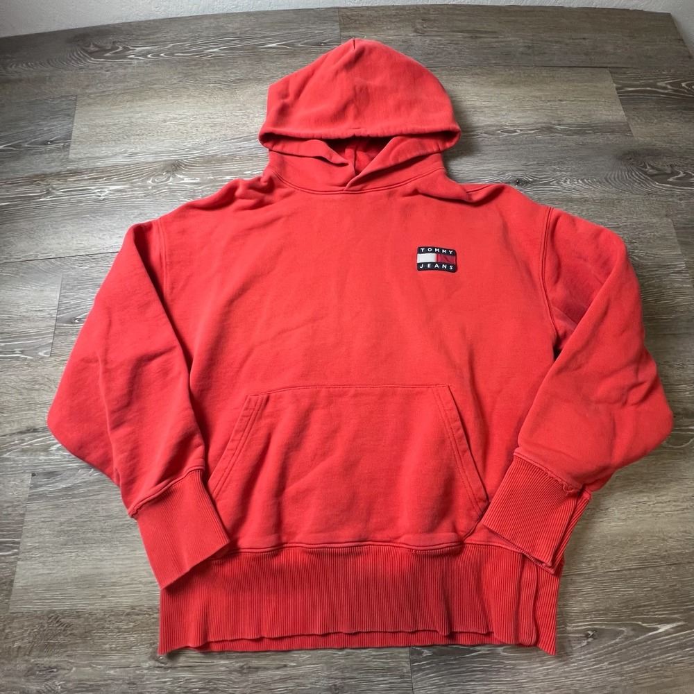 Tommy Jean Hoodie Men Small Red Flag Logo Pullover Relaxed Streetwear Sweatshirt